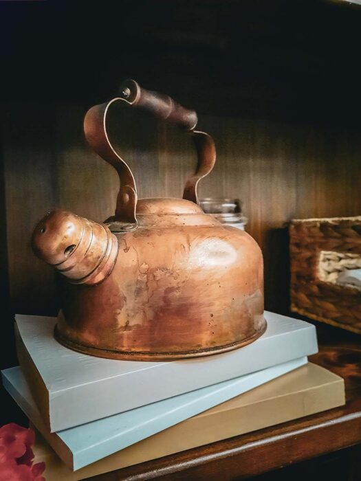 Copper Tea Pot with Books for Bookshelf Aesthetic