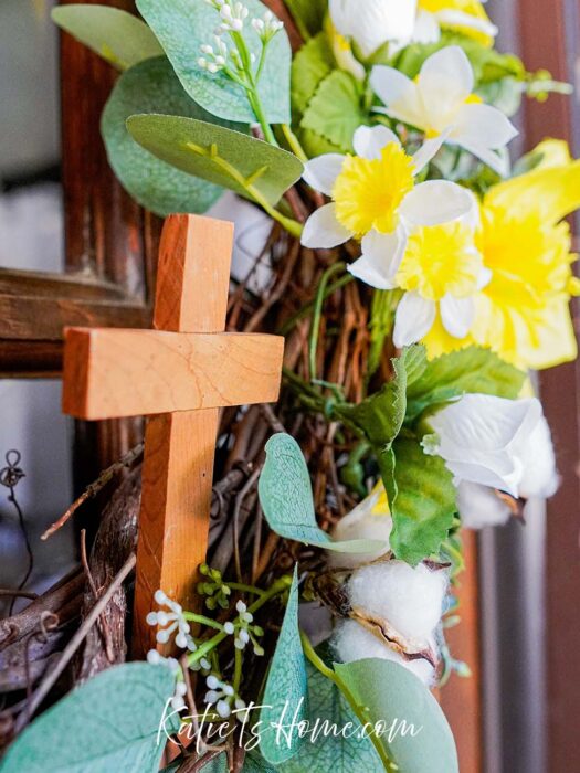 Spring Decor Ideas- Wreath with Wooden Cross for Door Decorations