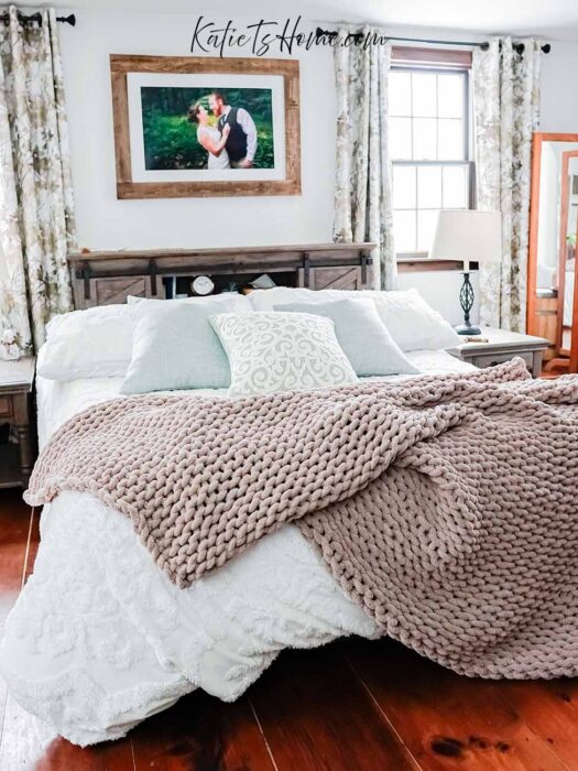 Styling a Chunky Knitted Throw Blanket on a Rustic Country White Farmhouse Bed