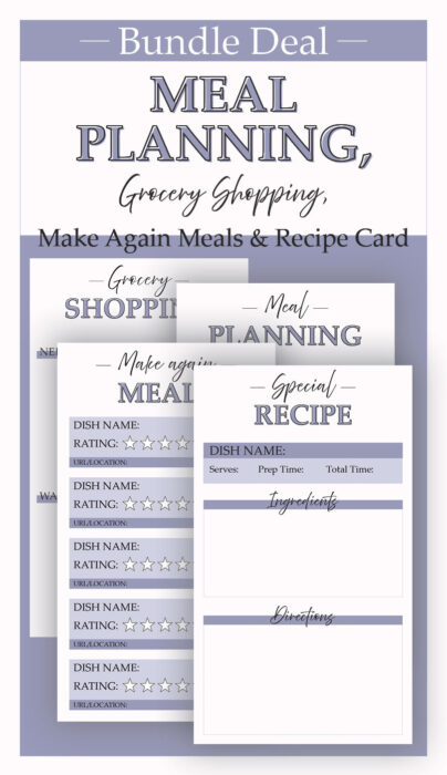 Feminine Grocery, Meal Plan, Make Again Meals and Recipe Card Bundle- v Lilac- Katie T's Home