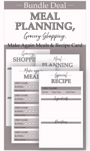 Meal Planner, Grocery Shopping List, Make Again Meals and Recipe Card