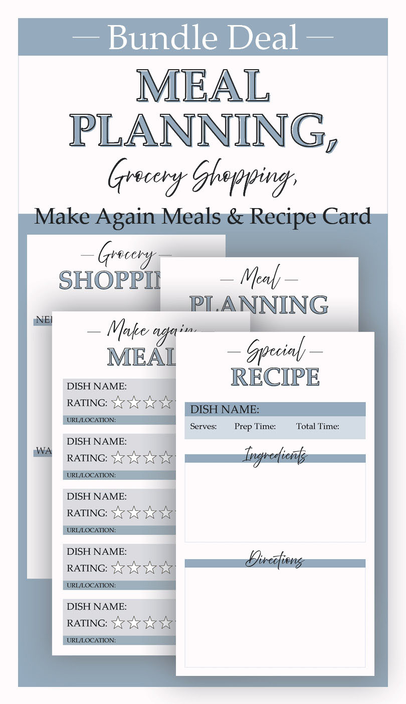 Feminine Grocery, Meal Plan, Make Again Meals and Recipe Card Bundle- v Steel Blue- Katie T's Home