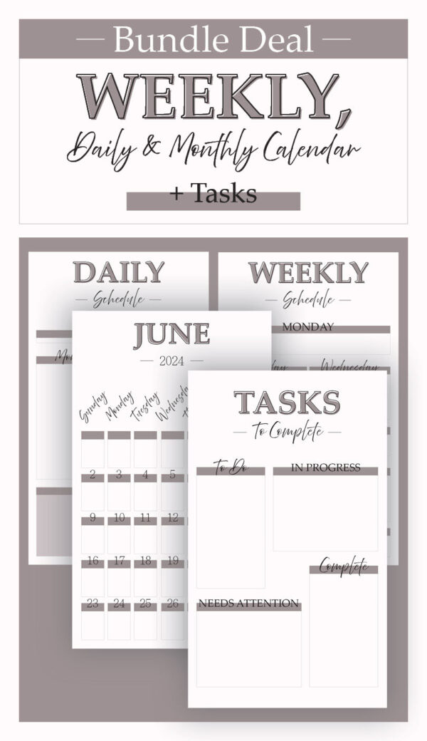 Weekly, Daily, Monthly Calendar, Tasks- Feminine- Mauve- Katie T's Home