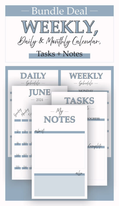 Weekly, Daily, Monthly Calendar, Tasks and Notes- Feminine- Steel Blue- Katie T's Home