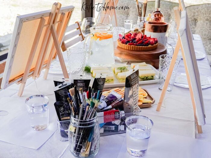 7 Paint and Sip Ideas for Hosting Ladies Night- Tea Party Table Inspo- Katie T's Home