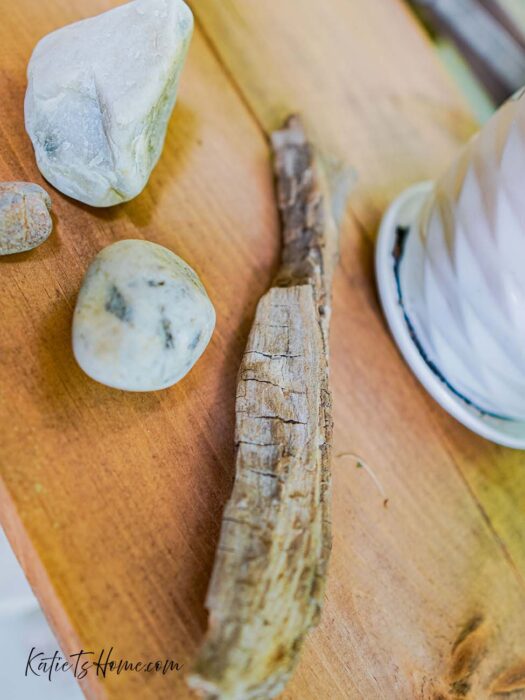 Organic Rocks and Driftwood for Ladder Shelf Decor Ideas- Modern Cottage Living- Katie T's Home