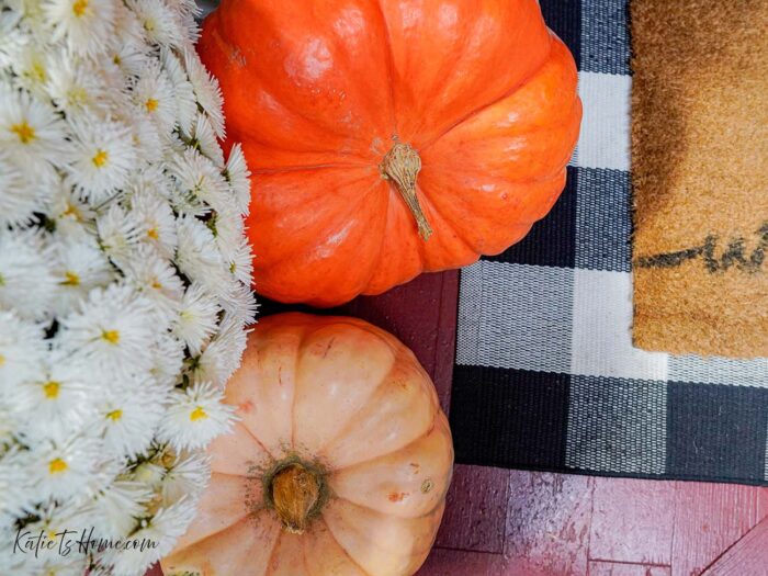 Pumpkins and Mums Decorating Porch Entryway of a Rustic Cottage Home- Katie T's Home
